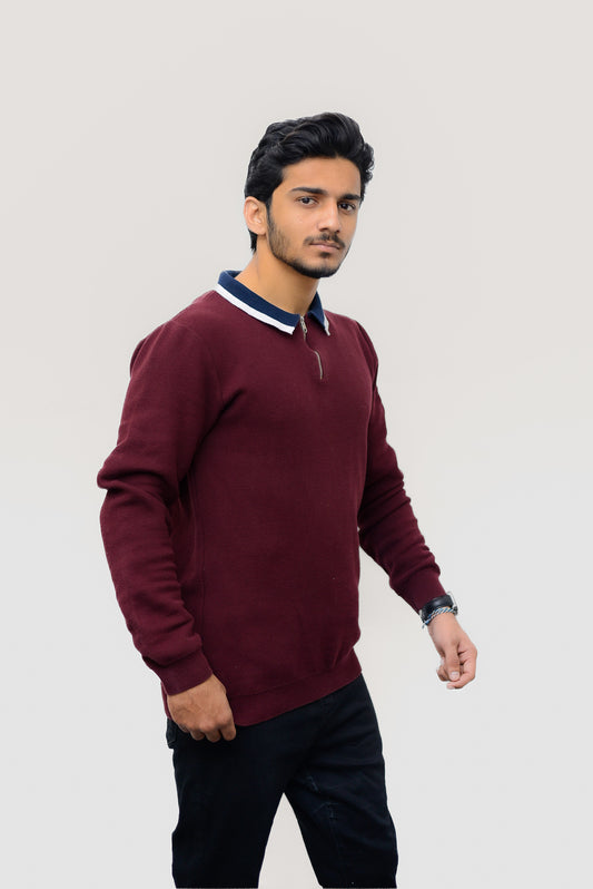 KNITTED CREW NECK HALF ZIP PULLOVER